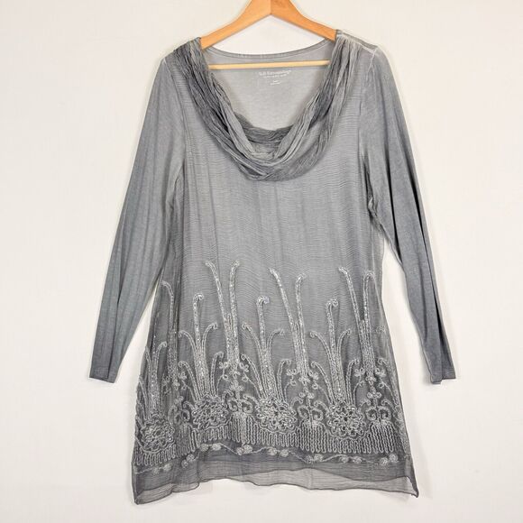 Soft Surroundings Washed Grey Silk Cowl Neck Sequin Shirt Tunic Women's Small - Picture 1 of 6